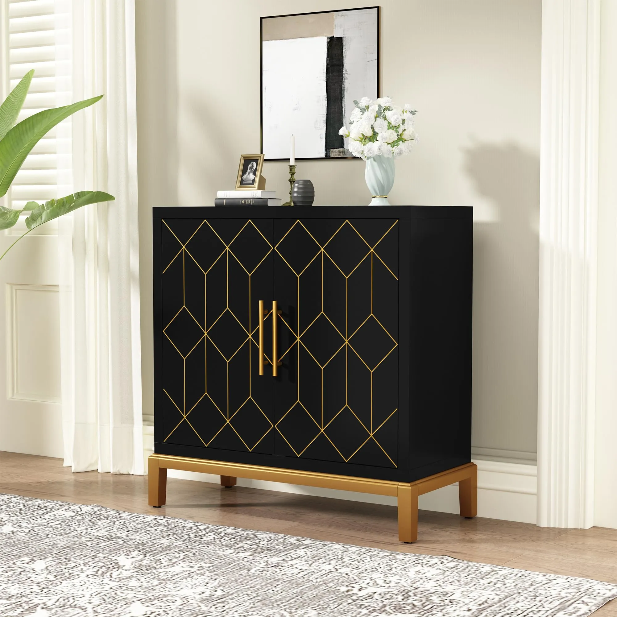 HLR Black Modern Wooden Accent Sideboard with Carved Decorative Doors, Storage Cabinet for Living, Kitchen, Office & Hallway