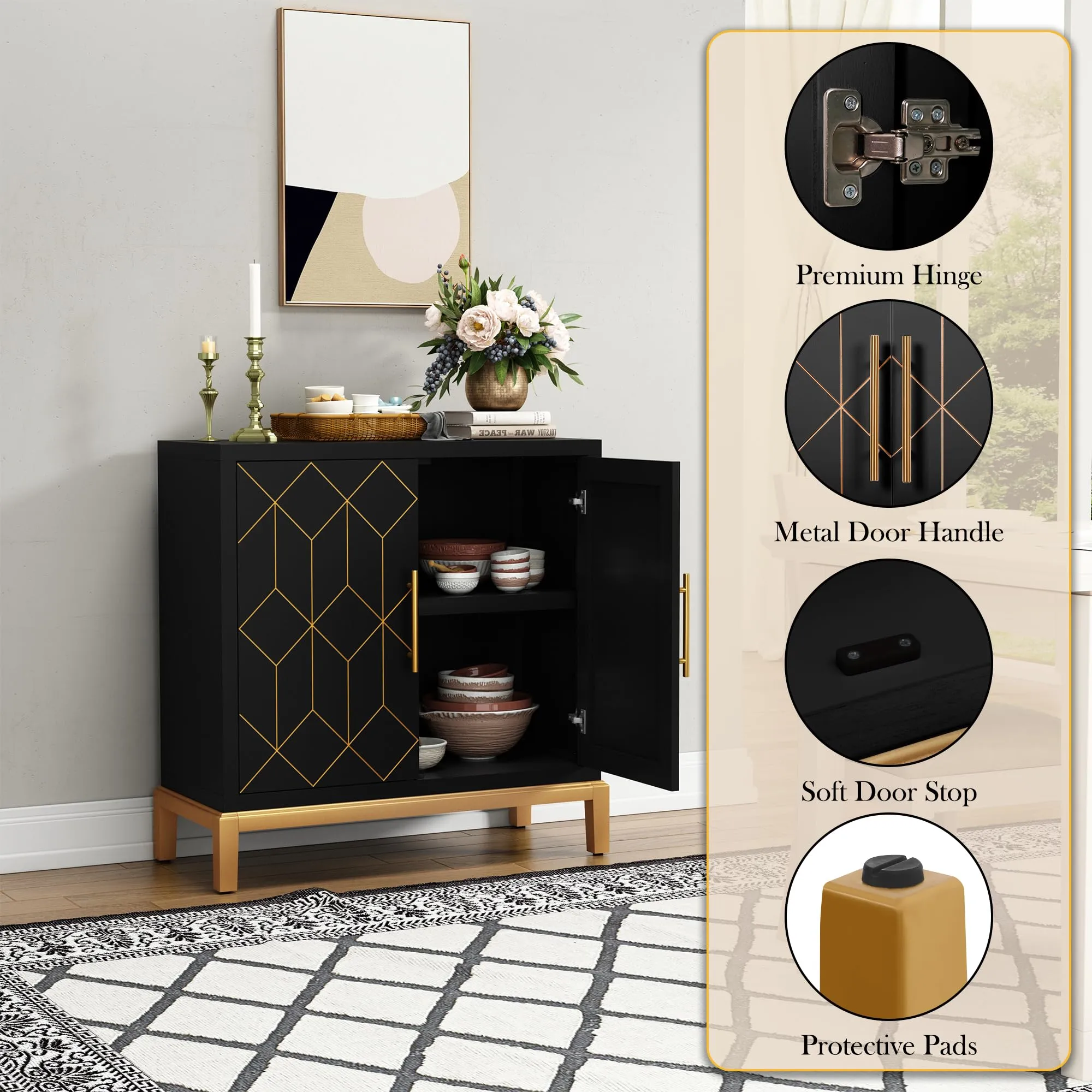 HLR Black Modern Wooden Accent Sideboard with Carved Decorative Doors, Storage Cabinet for Living, Kitchen, Office & Hallway