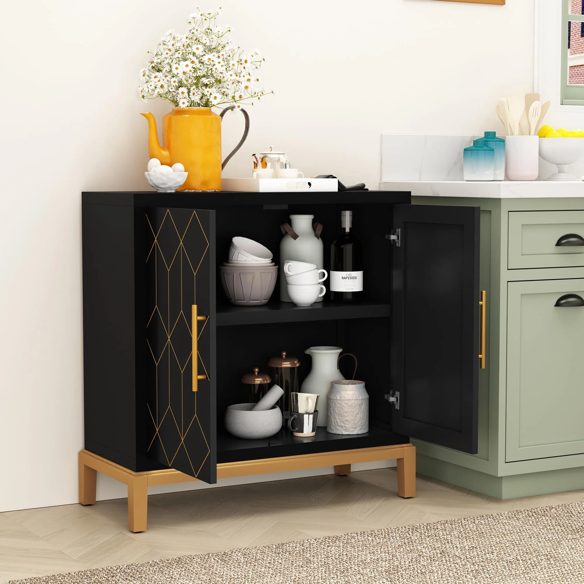 HLR Black Modern Wooden Accent Sideboard with Carved Decorative Doors, Storage Cabinet for Living, Kitchen, Office & Hallway