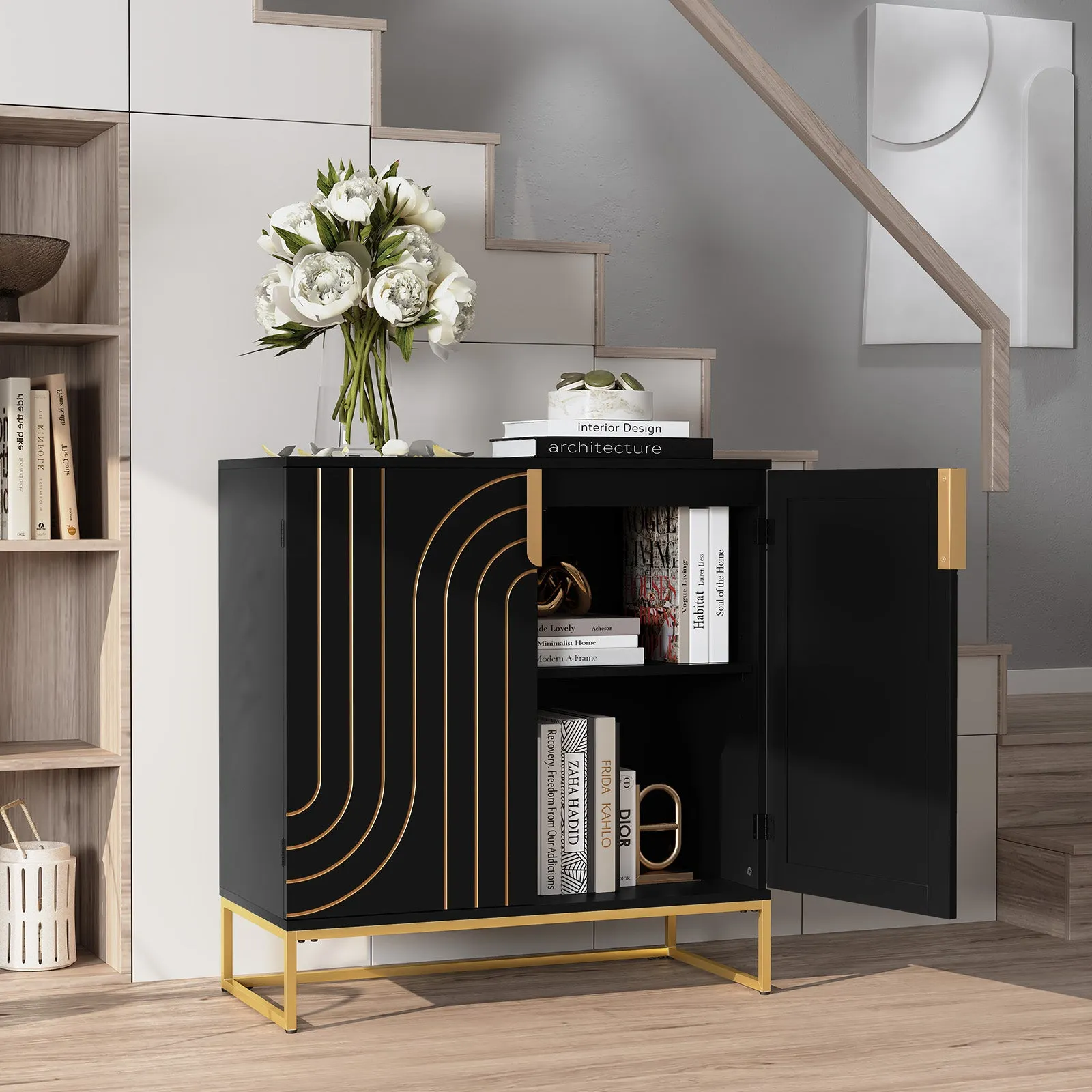 HLR Black Wood Grain Accent Sideboard Cabinet with 2-Door Storage & Gold Metal Legs  Stylish Organizer for Living, Dining, Kitchen & Entryway