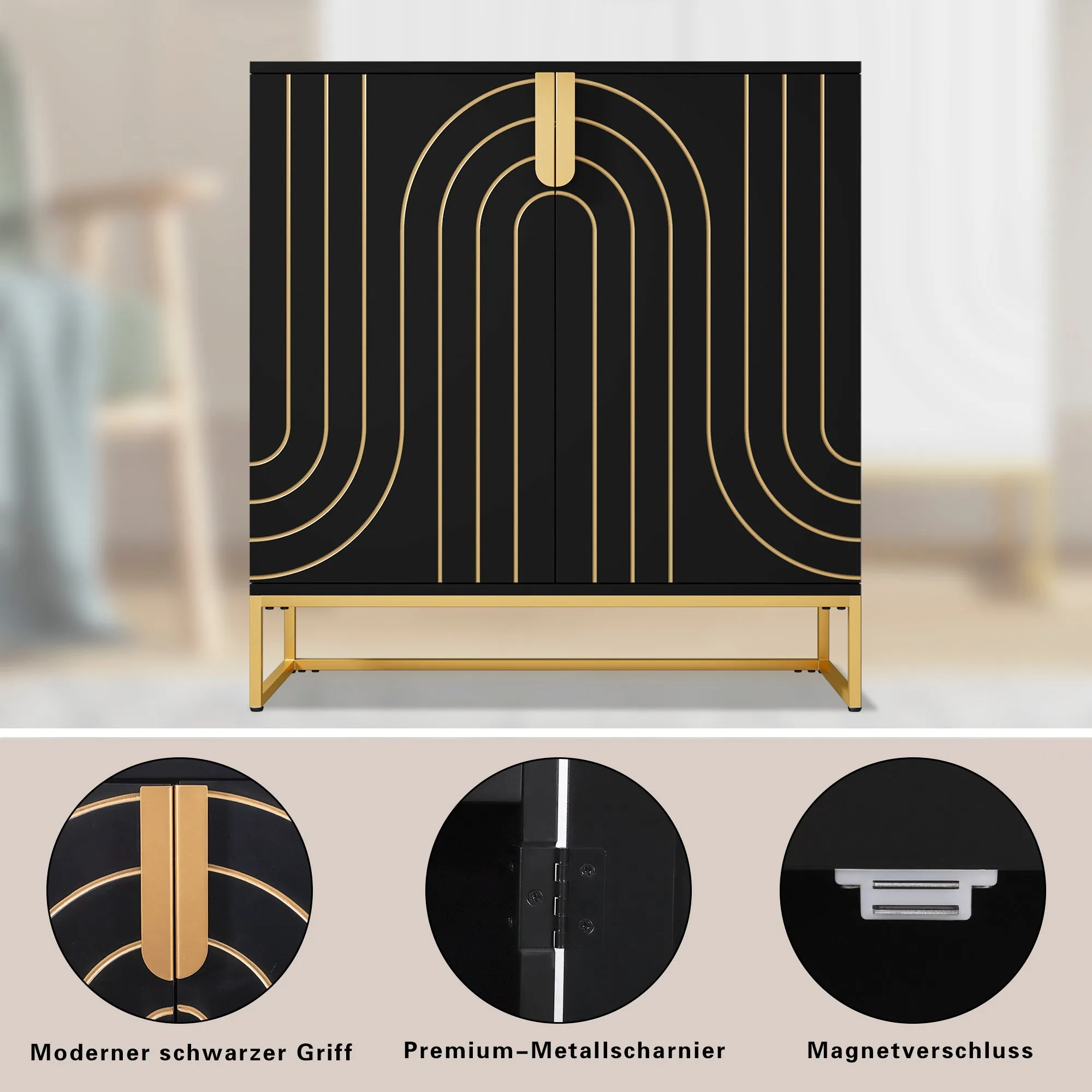 HLR Black Wood Grain Accent Sideboard Cabinet with 2-Door Storage & Gold Metal Legs  Stylish Organizer for Living, Dining, Kitchen & Entryway