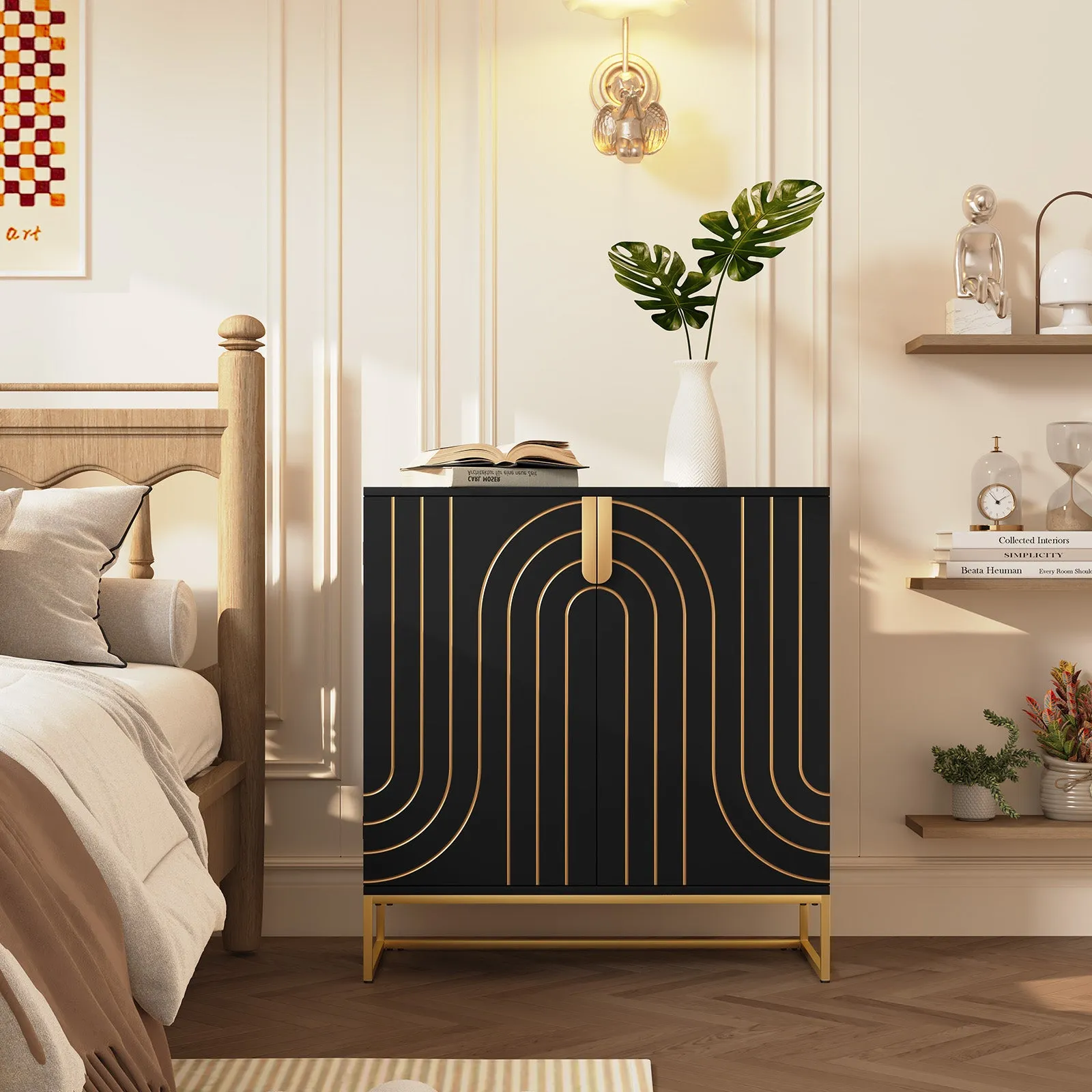 HLR Black Wood Grain Accent Sideboard Cabinet with 2-Door Storage & Gold Metal Legs  Stylish Organizer for Living, Dining, Kitchen & Entryway