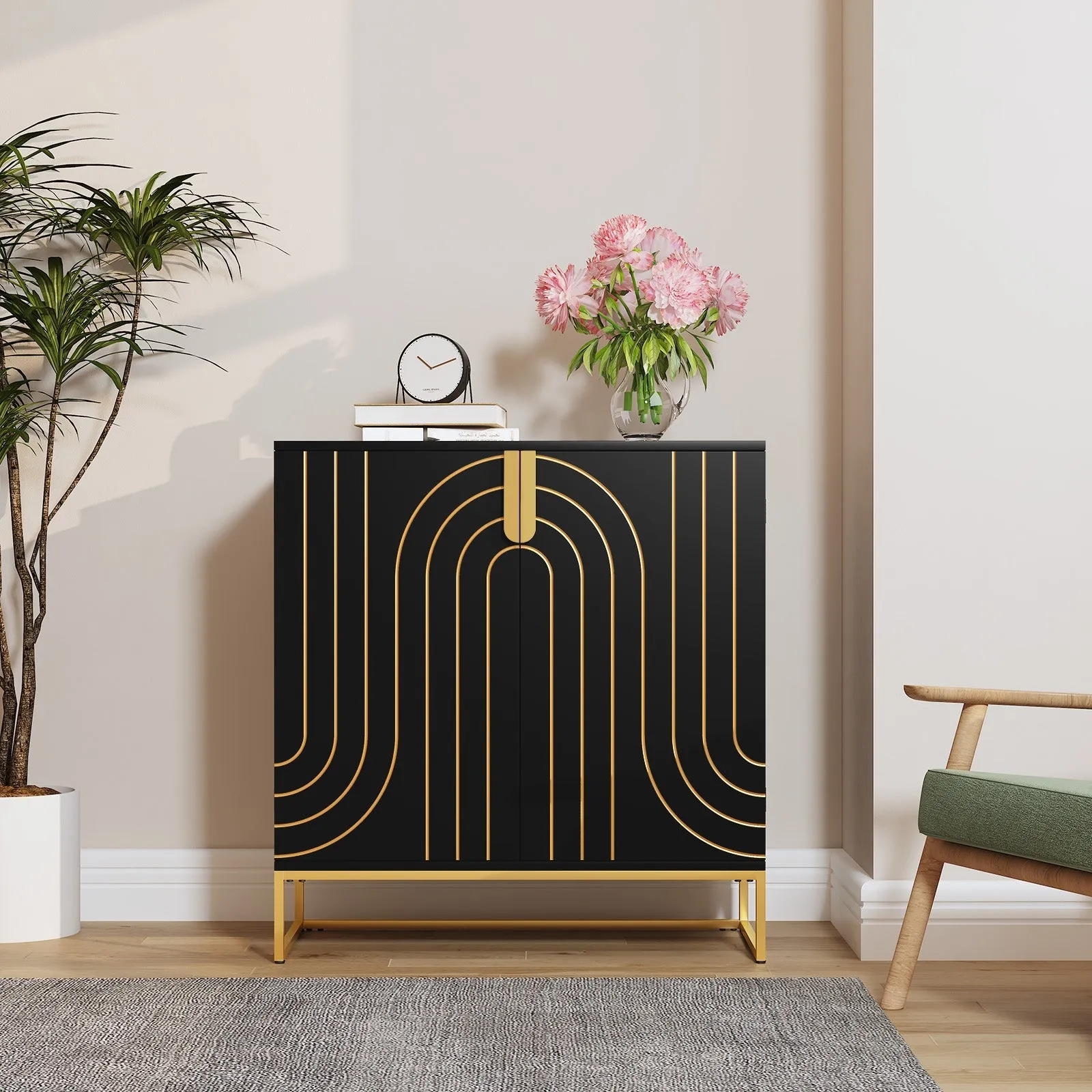 HLR Black Wood Grain Accent Sideboard Cabinet with 2-Door Storage & Gold Metal Legs  Stylish Organizer for Living, Dining, Kitchen & Entryway