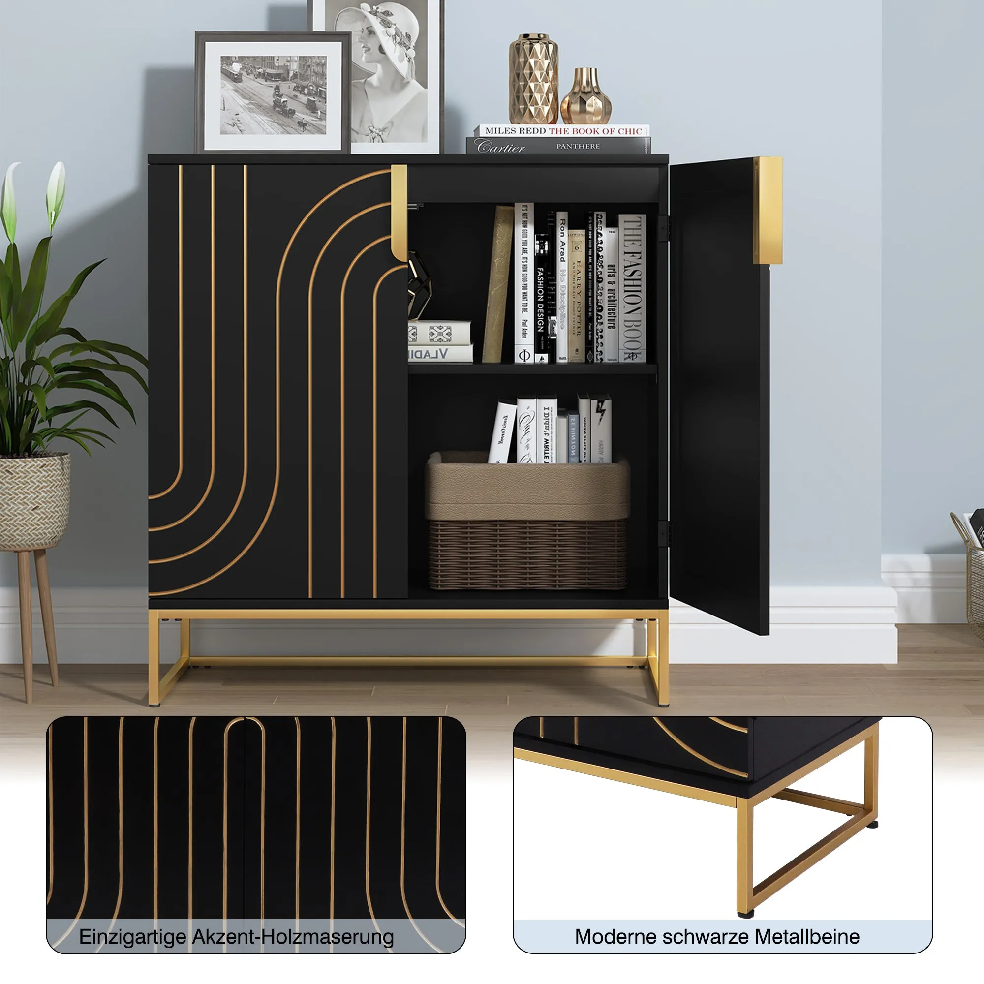 HLR Black Wood Grain Accent Sideboard Cabinet with 2-Door Storage & Gold Metal Legs  Stylish Organizer for Living, Dining, Kitchen & Entryway