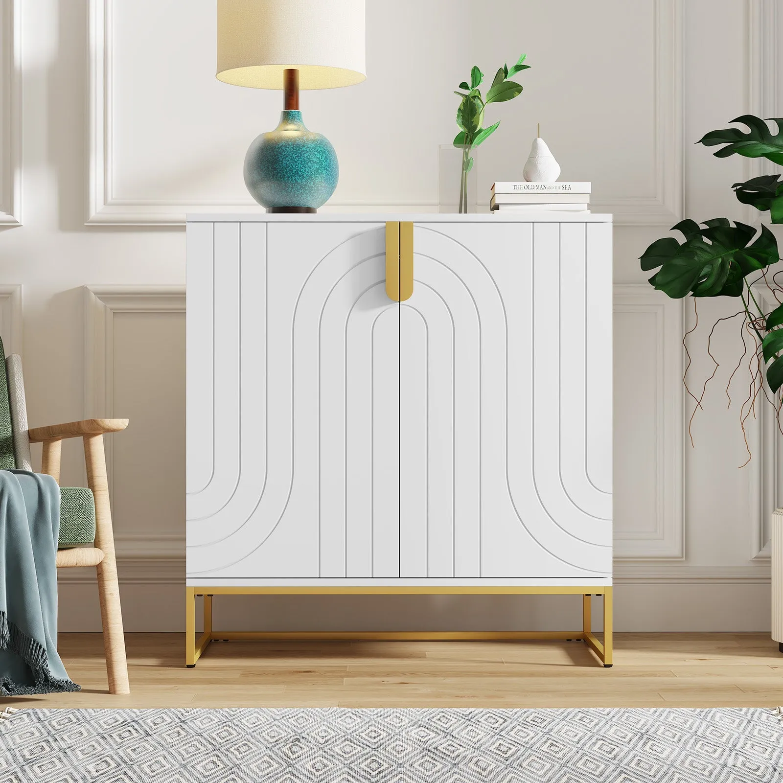 HLR Black Wood Grain Accent Sideboard Cabinet with 2-Door Storage & Gold Metal Legs  Stylish Organizer for Living, Dining, Kitchen & Entryway
