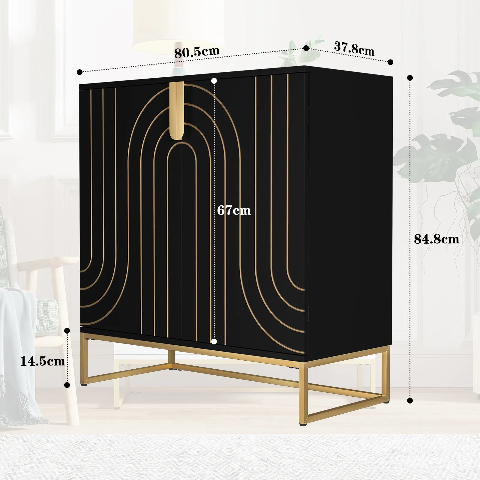 HLR Black Wood Grain Accent Sideboard Cabinet with 2-Door Storage & Gold Metal Legs  Stylish Organizer for Living, Dining, Kitchen & Entryway