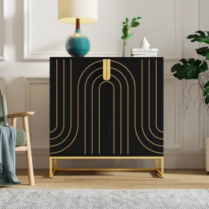 HLR Black Wood Grain Accent Sideboard Cabinet with 2-Door Storage & Gold Metal Legs  Stylish Organizer for Living, Dining, Kitchen & Entryway