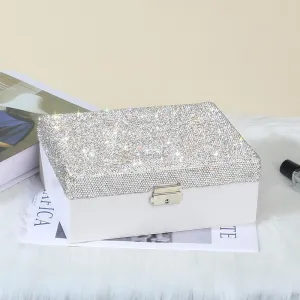 Jewelry Box for Girls Women, Double Layers Jewelry Organizer Box, Bling Jewelry Display Storage Case, Diamonds Jewelry Box for Necklaces, Earrings, Rings, Bracelets and More -White
