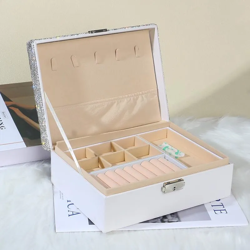 Jewelry Box for Girls Women, Double Layers Jewelry Organizer Box, Bling Jewelry Display Storage Case, Diamonds Jewelry Box for Necklaces, Earrings, Rings, Bracelets and More -White