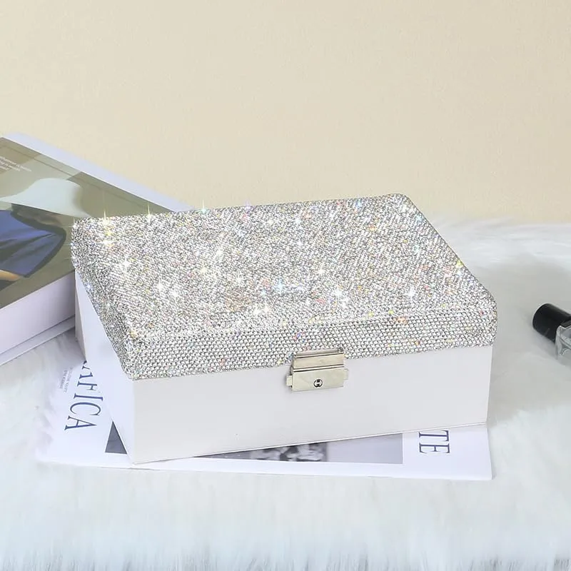 Jewelry Box for Girls Women, Double Layers Jewelry Organizer Box, Bling Jewelry Display Storage Case, Diamonds Jewelry Box for Necklaces, Earrings, Rings, Bracelets and More -White