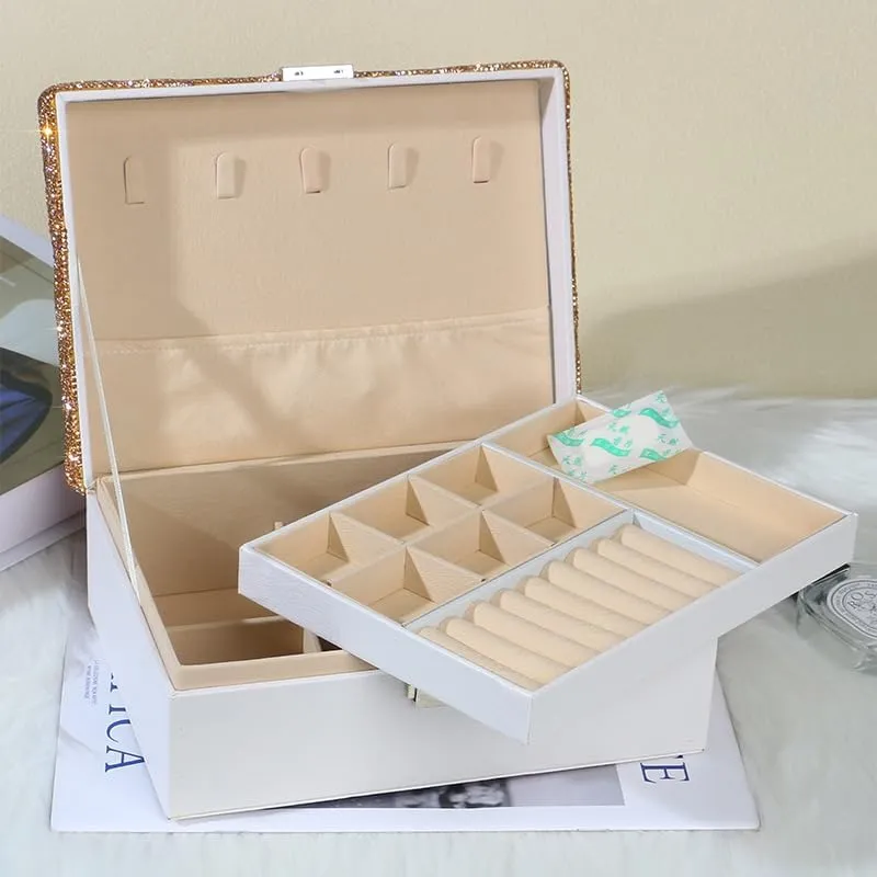 Jewelry Box for Girls Women, Double Layers Jewelry Organizer Box, Bling Jewelry Display Storage Case, Diamonds Jewelry Box for Necklaces, Earrings, Rings, Bracelets and More -White