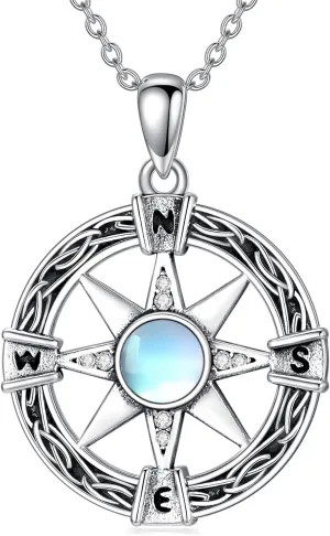LONAGO Celtic Moonstone Necklace Sterling Silver Cross/Compass/Claddagh/Triskelion Pendant Necklace Celtic Knot Wiccan Jewelry Gifts for Women