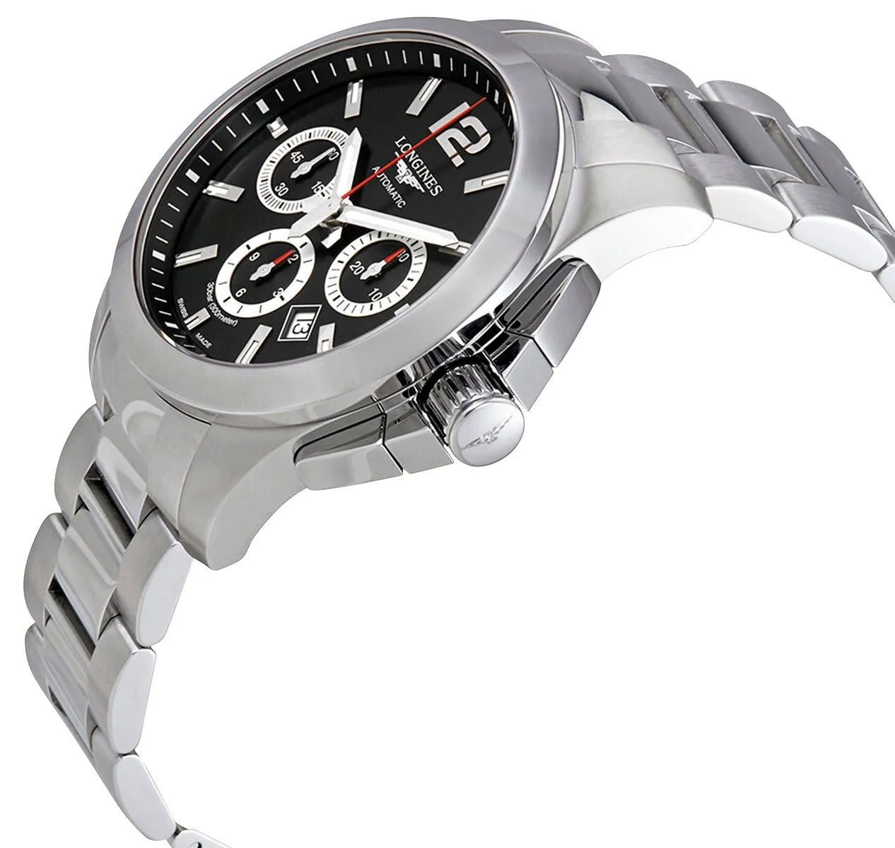 Longines Conquest Automatic Chronograph Stainless Steel Black Dial Date Divers Mens Watch L3.801.4.56.6