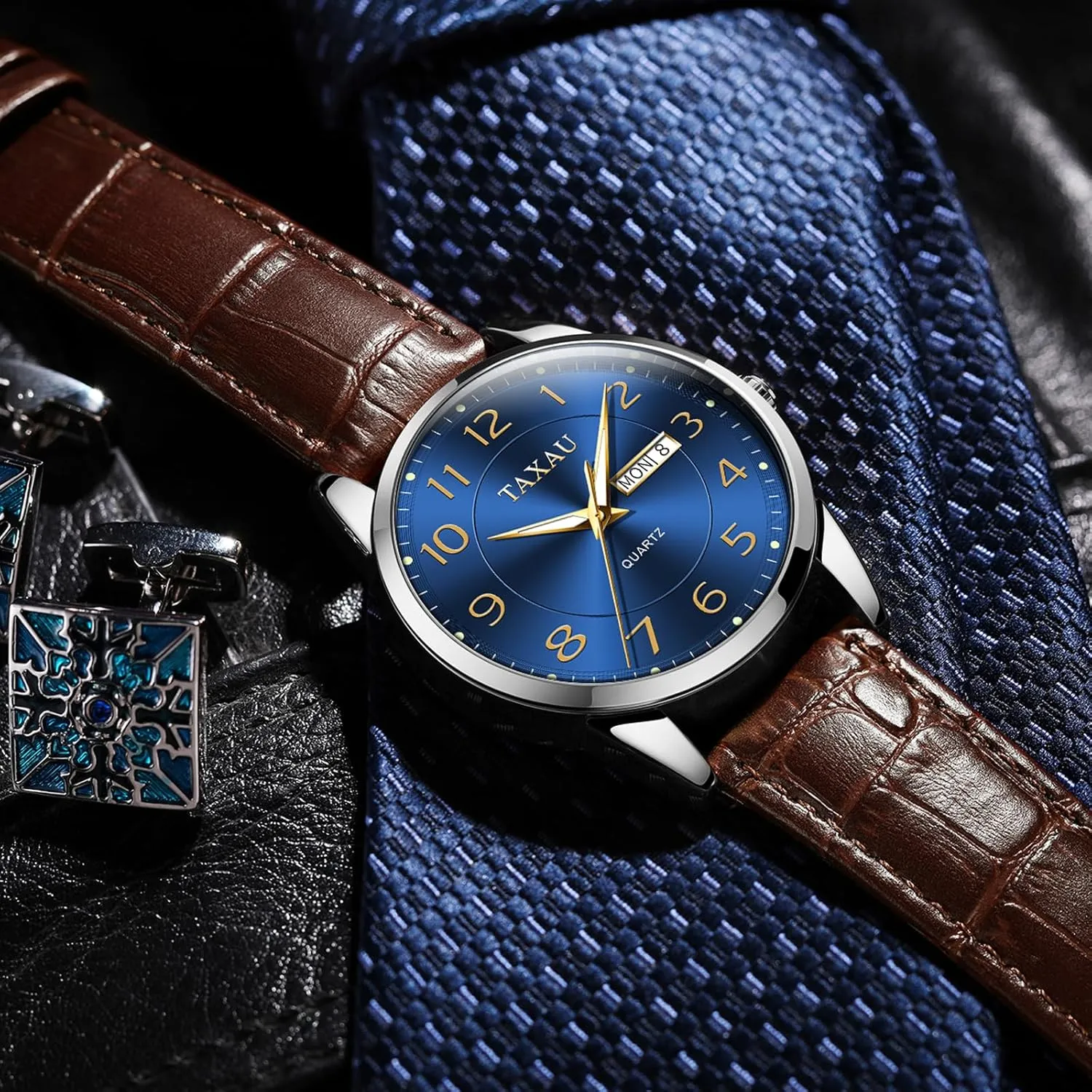Men's Watch Big Face Easy Read Arabic Numeral Dress Watches for Men Classic Black Brown Leather Band Analog Mens Wrist Watch with Day and Date Fashion Business Waterproof Luminous Quartz Watch