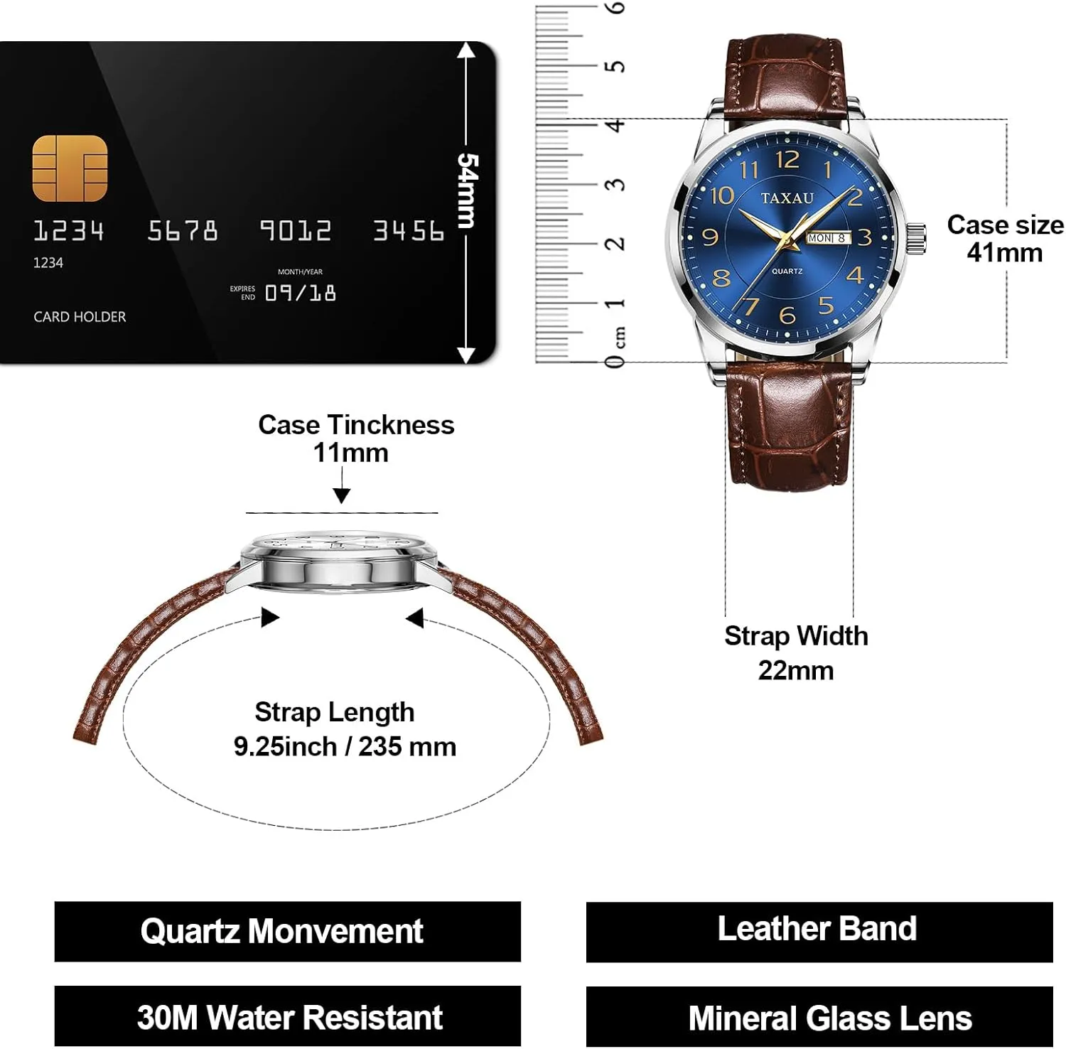 Men's Watch Big Face Easy Read Arabic Numeral Dress Watches for Men Classic Black Brown Leather Band Analog Mens Wrist Watch with Day and Date Fashion Business Waterproof Luminous Quartz Watch
