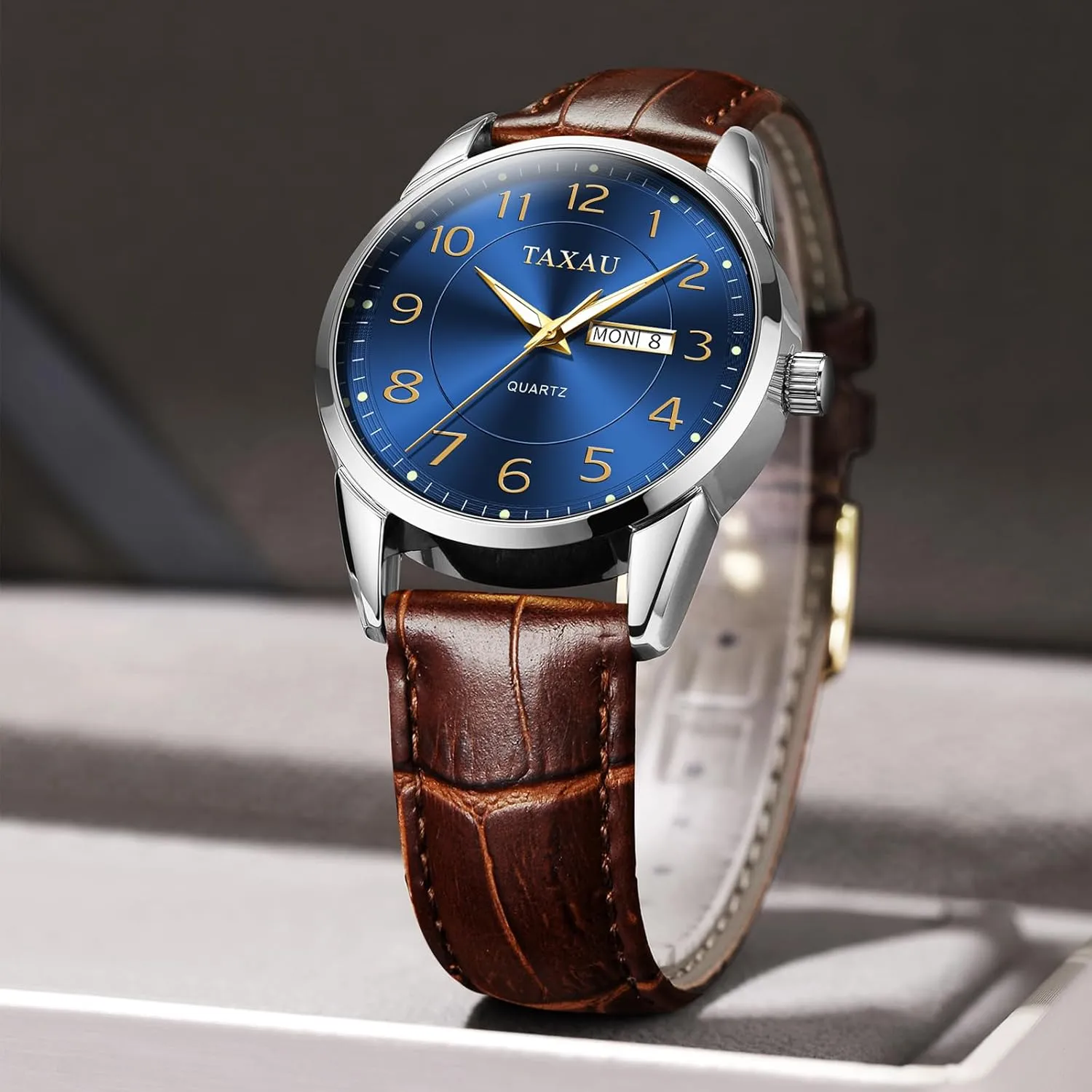 Men's Watch Big Face Easy Read Arabic Numeral Dress Watches for Men Classic Black Brown Leather Band Analog Mens Wrist Watch with Day and Date Fashion Business Waterproof Luminous Quartz Watch