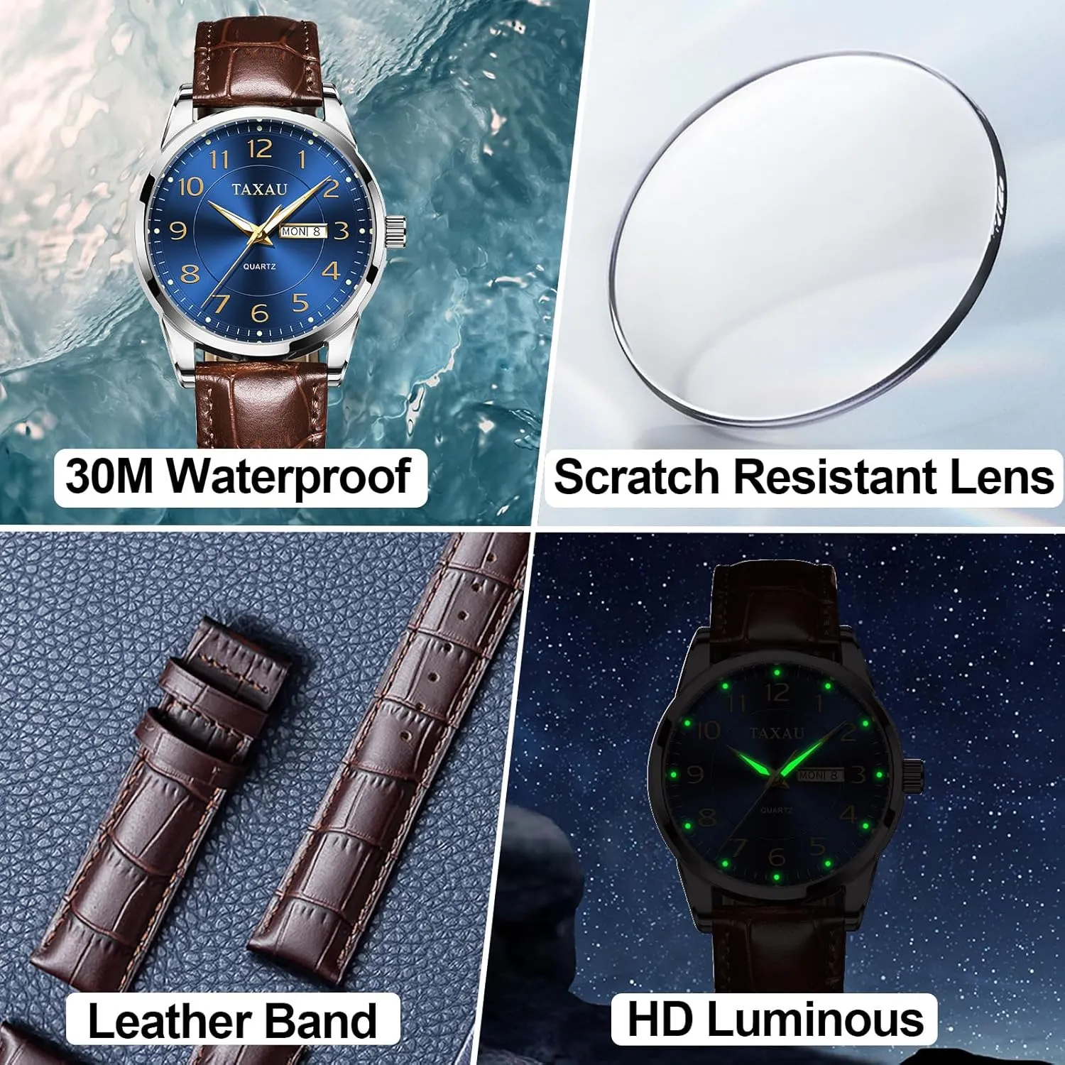 Men's Watch Big Face Easy Read Arabic Numeral Dress Watches for Men Classic Black Brown Leather Band Analog Mens Wrist Watch with Day and Date Fashion Business Waterproof Luminous Quartz Watch