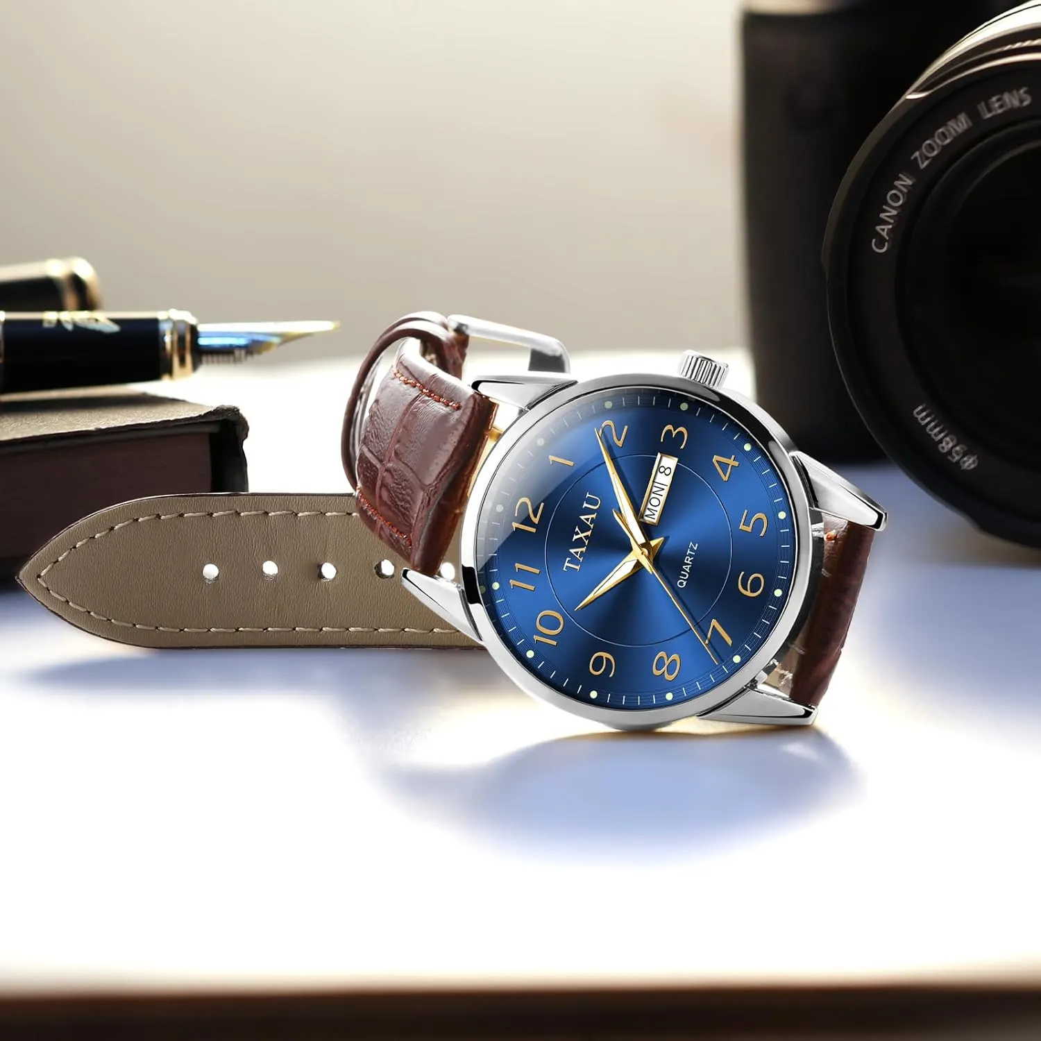Men's Watch Big Face Easy Read Arabic Numeral Dress Watches for Men Classic Black Brown Leather Band Analog Mens Wrist Watch with Day and Date Fashion Business Waterproof Luminous Quartz Watch