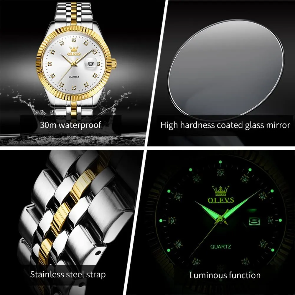 OLEVS Valentines Couple Pair Quartz Watches Luminous Calendar Date Business Dress Luxury His and Hers Wristwatch Waterproof Casual Stainless Steel Lovers Wedding Romantic Watches