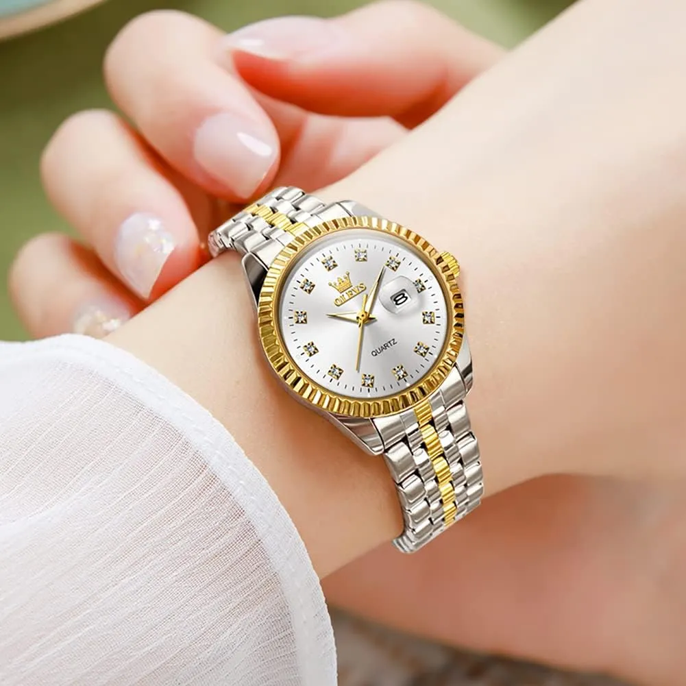 OLEVS Valentines Couple Pair Quartz Watches Luminous Calendar Date Business Dress Luxury His and Hers Wristwatch Waterproof Casual Stainless Steel Lovers Wedding Romantic Watches