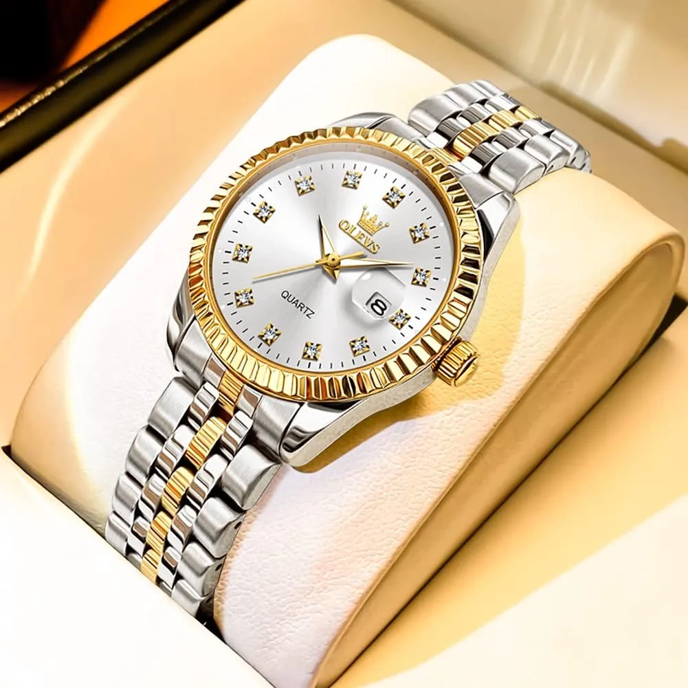 OLEVS Valentines Couple Pair Quartz Watches Luminous Calendar Date Business Dress Luxury His and Hers Wristwatch Waterproof Casual Stainless Steel Lovers Wedding Romantic Watches