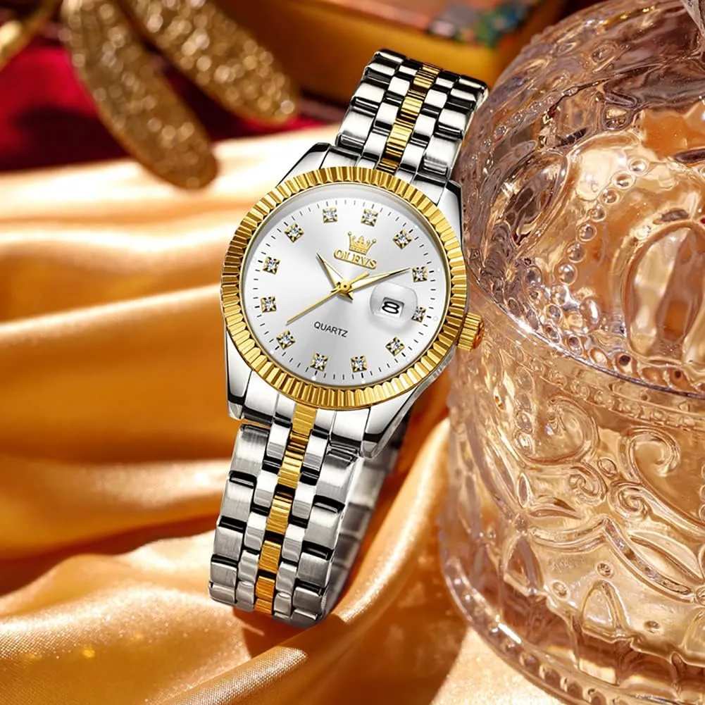 OLEVS Valentines Couple Pair Quartz Watches Luminous Calendar Date Business Dress Luxury His and Hers Wristwatch Waterproof Casual Stainless Steel Lovers Wedding Romantic Watches
