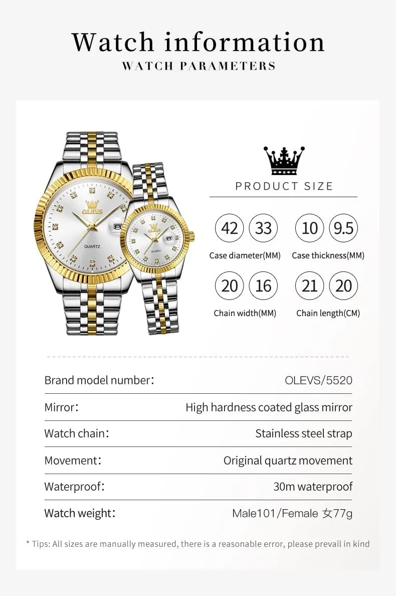 OLEVS Valentines Couple Pair Quartz Watches Luminous Calendar Date Business Dress Luxury His and Hers Wristwatch Waterproof Casual Stainless Steel Lovers Wedding Romantic Watches