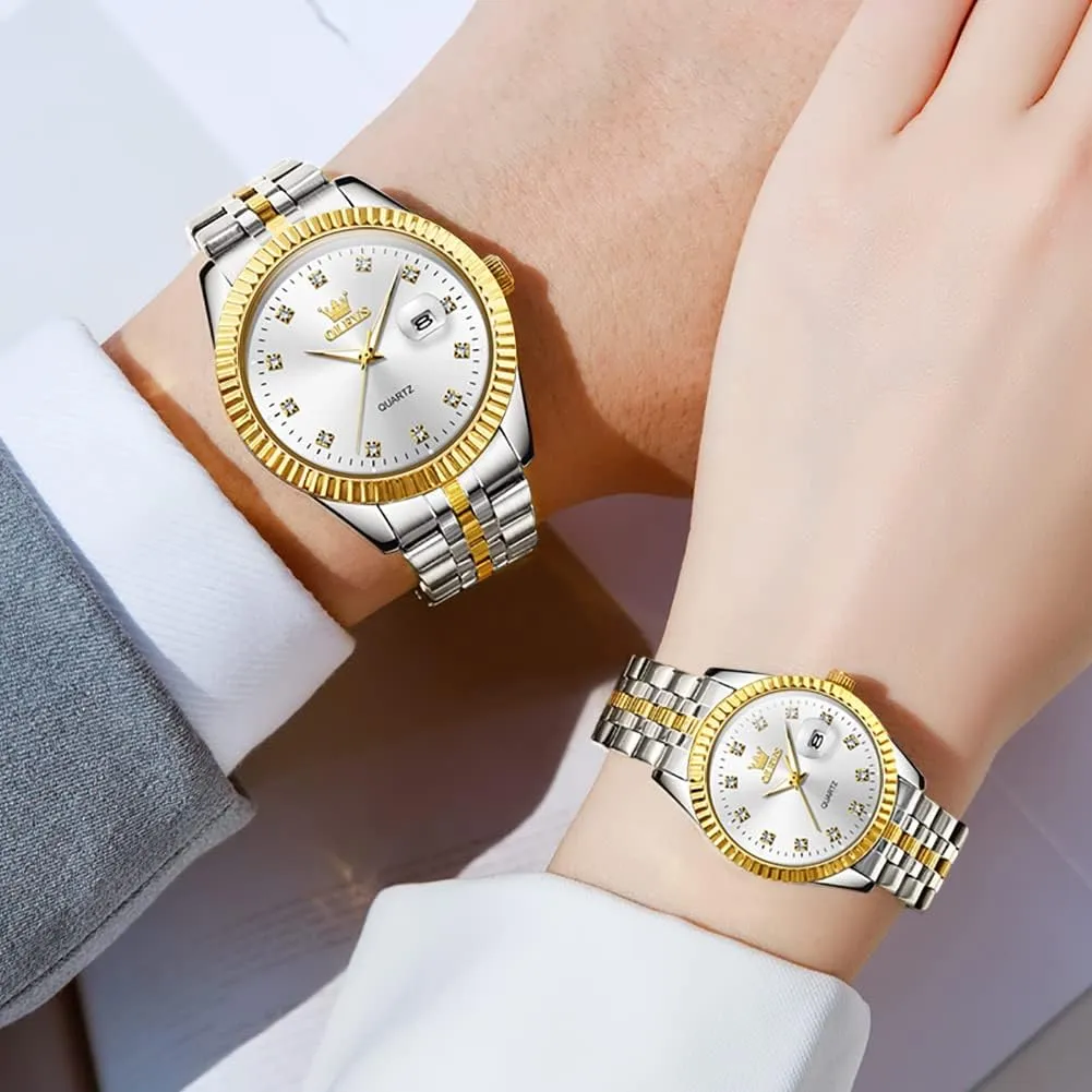 OLEVS Valentines Couple Pair Quartz Watches Luminous Calendar Date Business Dress Luxury His and Hers Wristwatch Waterproof Casual Stainless Steel Lovers Wedding Romantic Watches