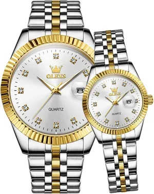 OLEVS Valentines Couple Pair Quartz Watches Luminous Calendar Date Business Dress Luxury His and Hers Wristwatch Waterproof Casual Stainless Steel Lovers Wedding Romantic Watches