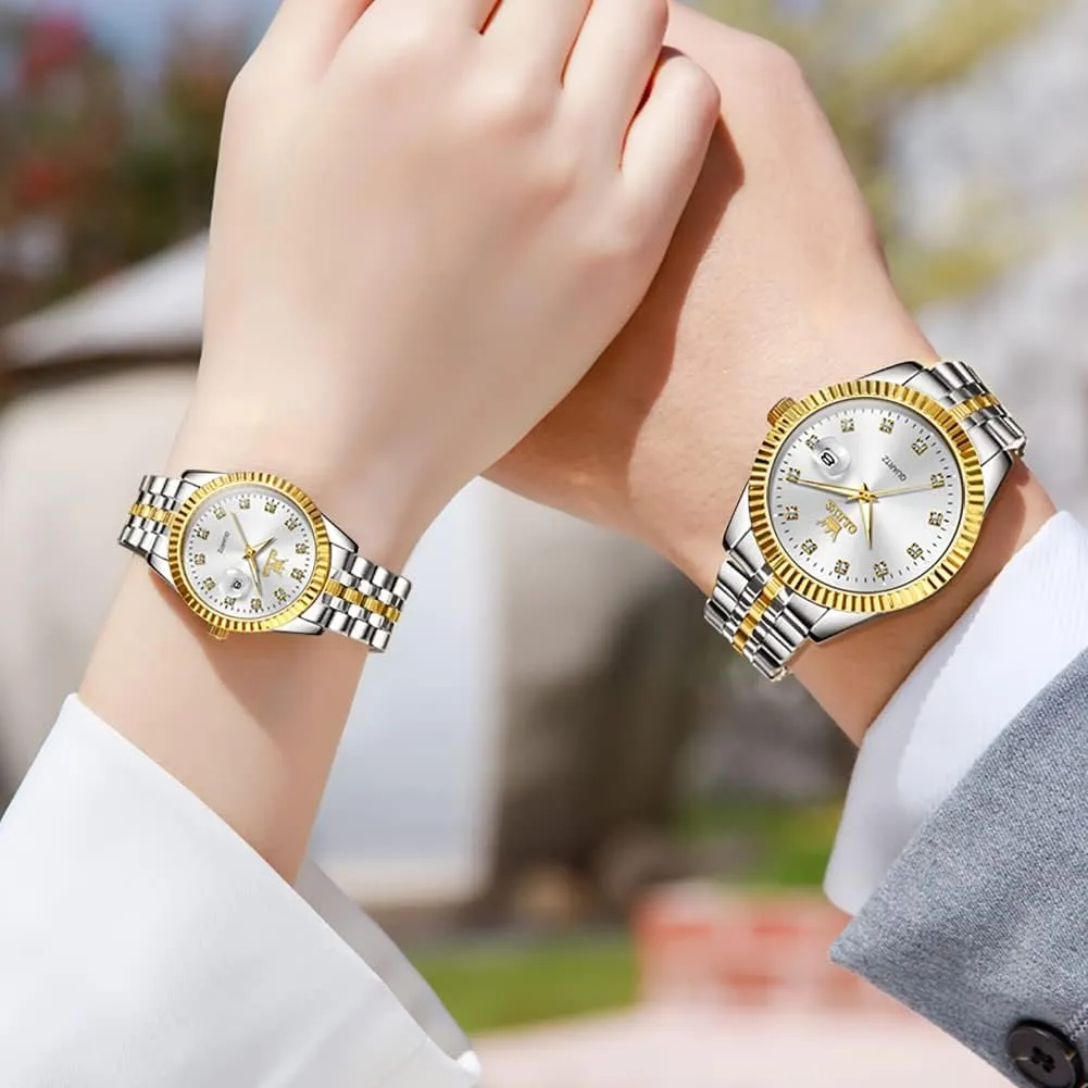 OLEVS Valentines Couple Pair Quartz Watches Luminous Calendar Date Business Dress Luxury His and Hers Wristwatch Waterproof Casual Stainless Steel Lovers Wedding Romantic Watches