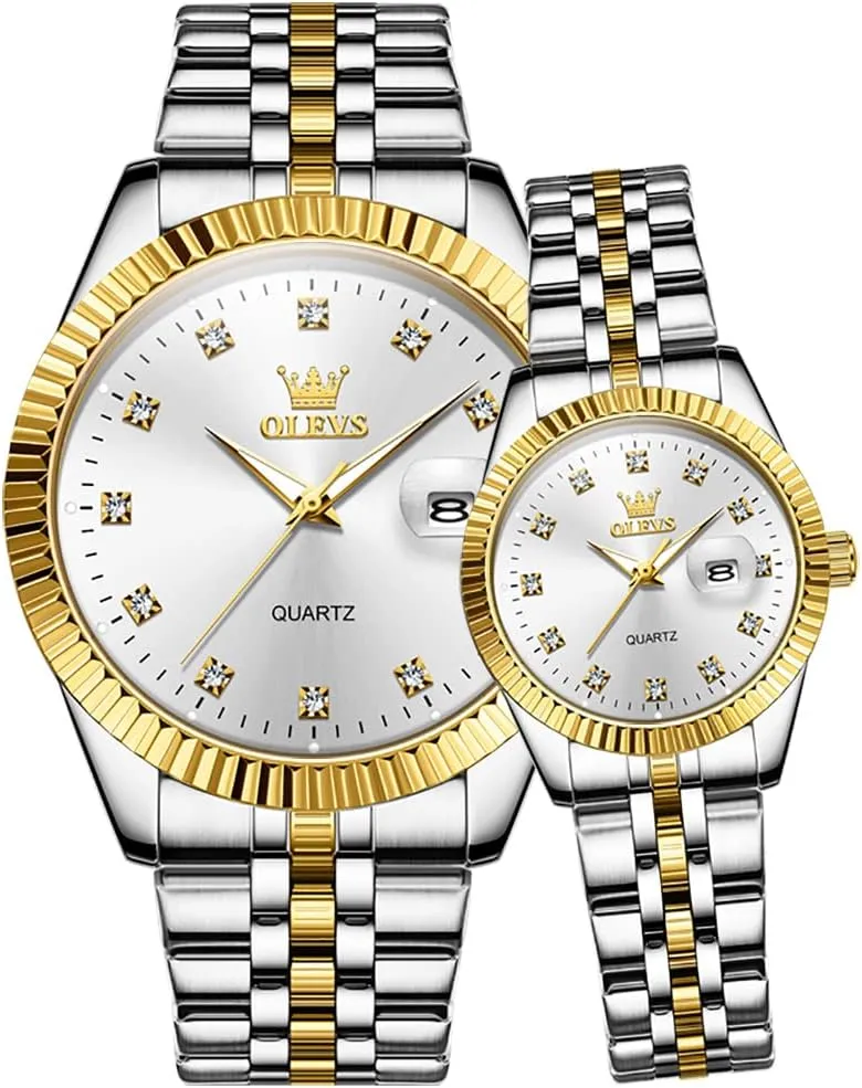 OLEVS Valentines Couple Pair Quartz Watches Luminous Calendar Date Business Dress Luxury His and Hers Wristwatch Waterproof Casual Stainless Steel Lovers Wedding Romantic Watches