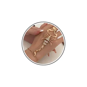Punk Scorpion Finger Ring & Hand Chain Bracelet - Gold Rhinestone CZ Tassel Chain - Vintage Slave Jewelry for Women & Girls