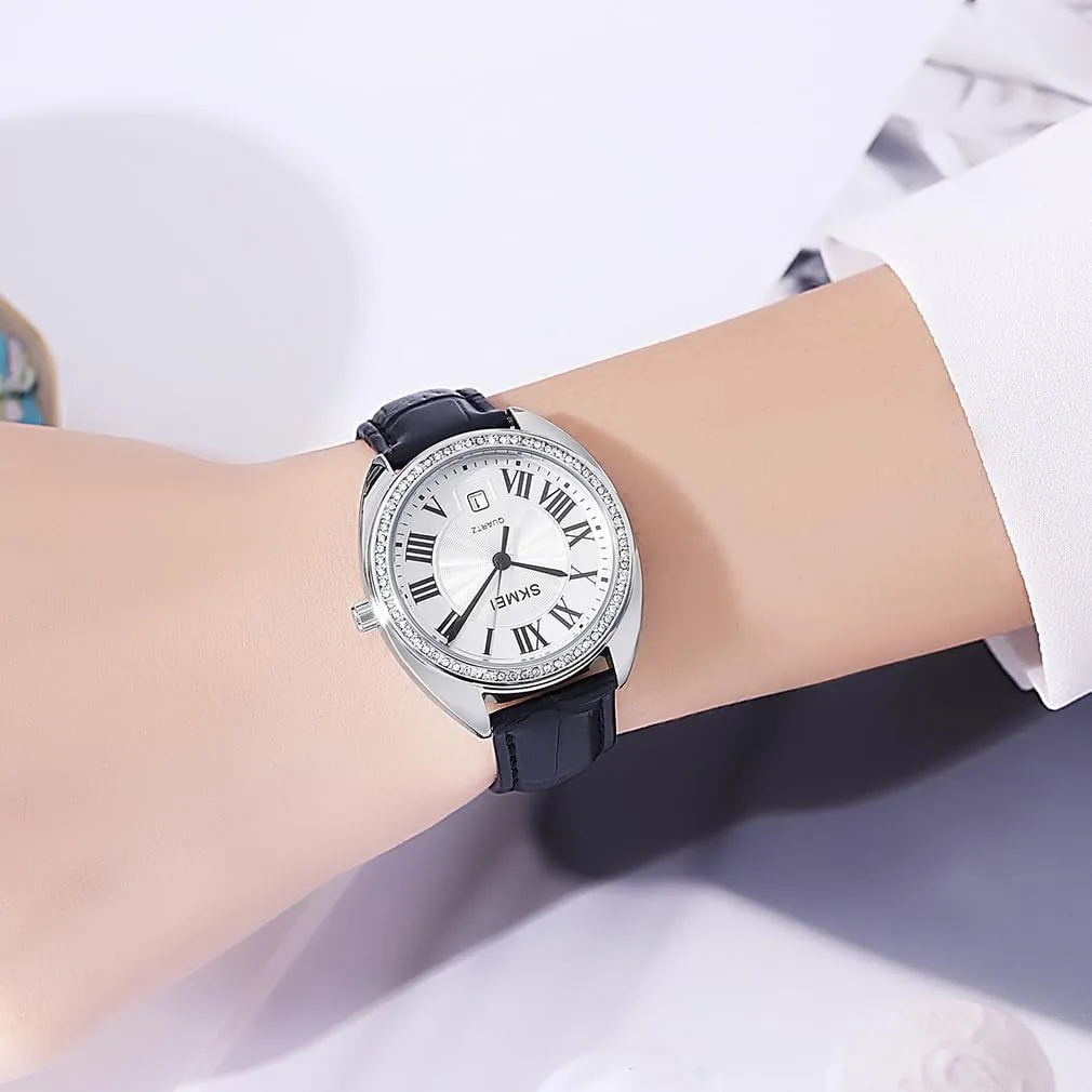 SKMEI Watch for Women Ladies Leather Band Fashion Simple Light Waterproof Casual Dress Analog Quartz Girl Female Gifts Black Wrist Watches