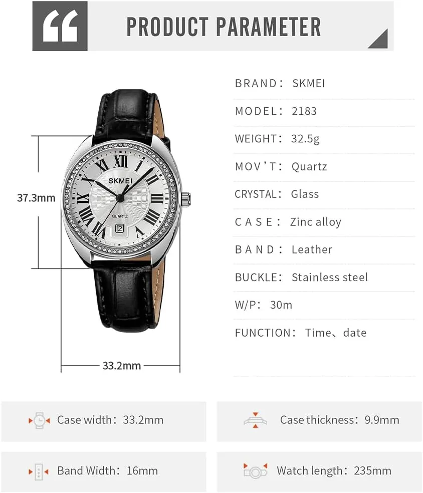 SKMEI Watch for Women Ladies Leather Band Fashion Simple Light Waterproof Casual Dress Analog Quartz Girl Female Gifts Black Wrist Watches