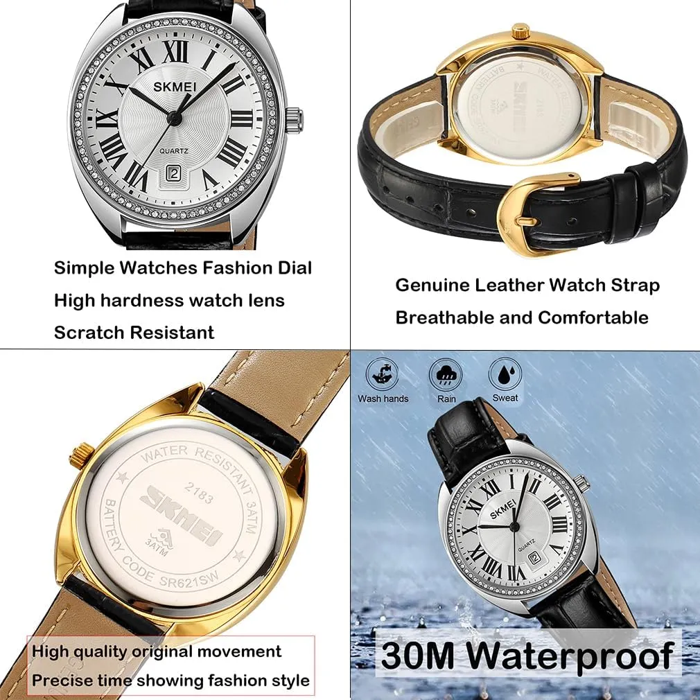 SKMEI Watch for Women Ladies Leather Band Fashion Simple Light Waterproof Casual Dress Analog Quartz Girl Female Gifts Black Wrist Watches