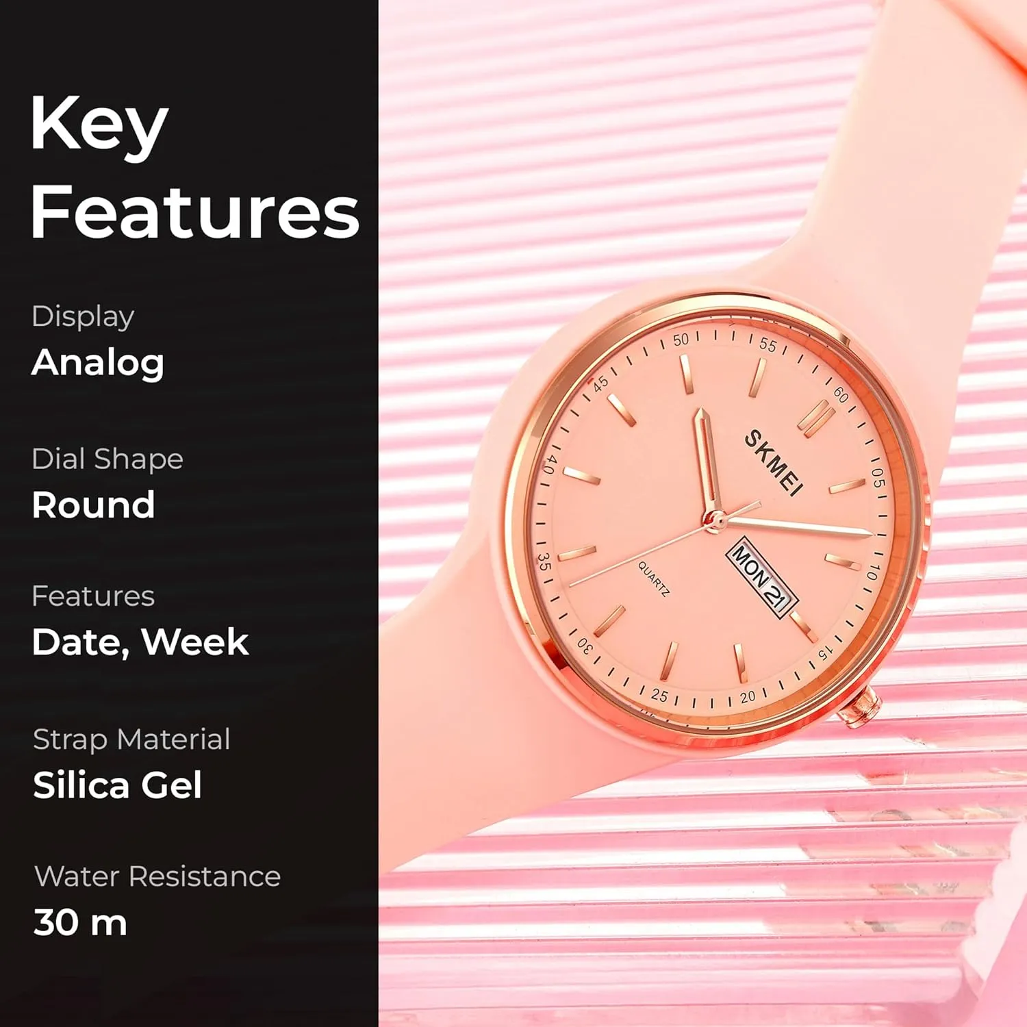 SKMEI Watches for Young Women Lady Sports Silicone Band Big Face Large Waterproof Fashion Casual Simple Quartz Analog Day Date Girls Gift White Wrist Watch