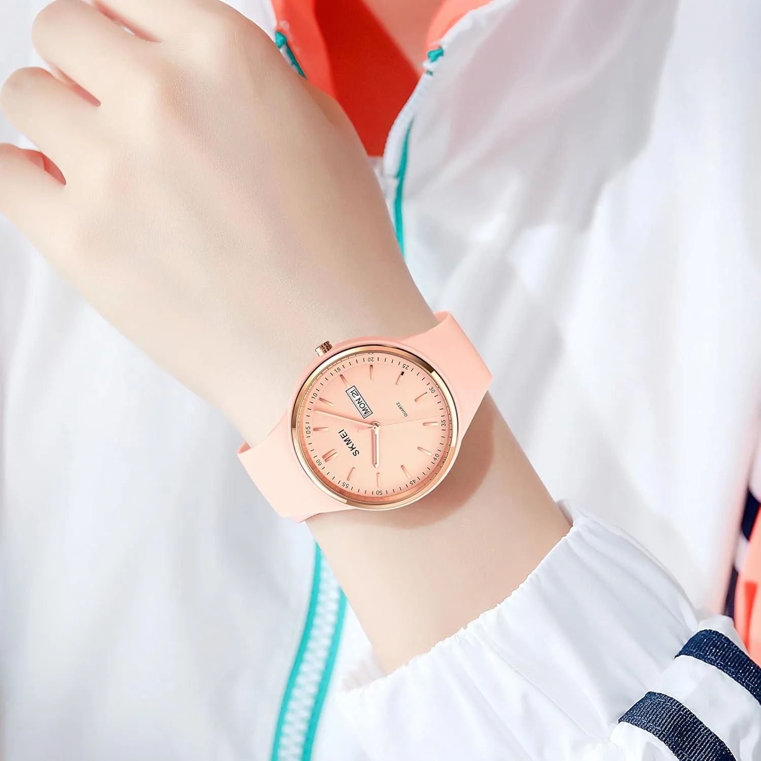 SKMEI Watches for Young Women Lady Sports Silicone Band Big Face Large Waterproof Fashion Casual Simple Quartz Analog Day Date Girls Gift White Wrist Watch