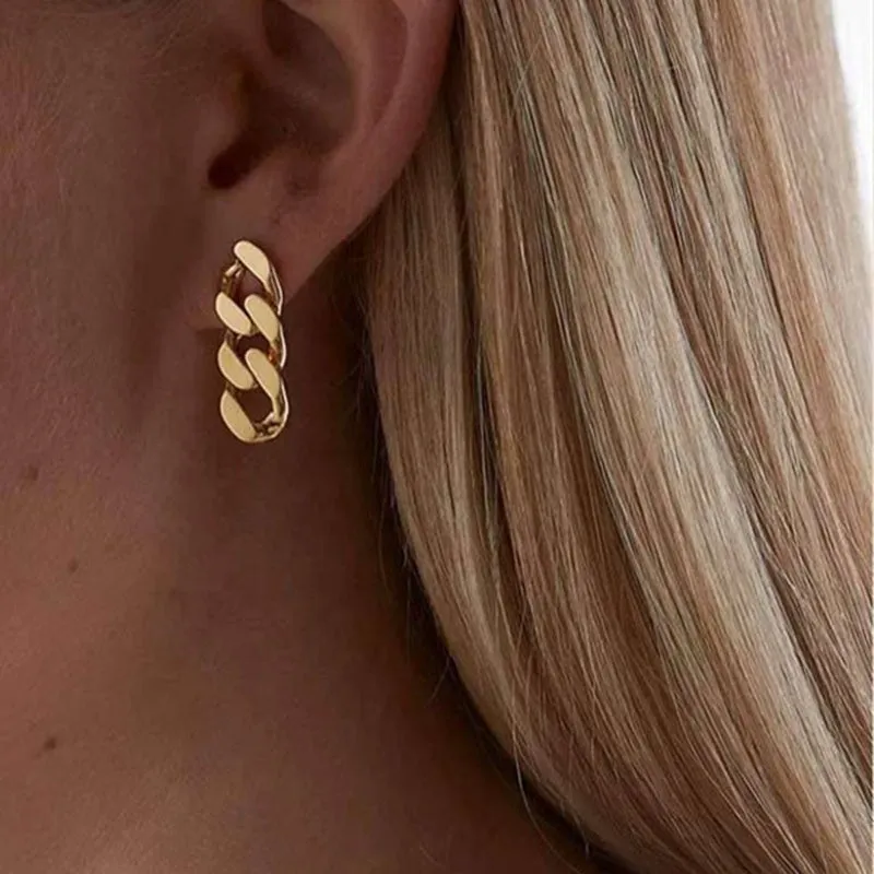 Stainless Steel Jewelry 18K Gold Plated Thick Cuban Link Chain Earrings