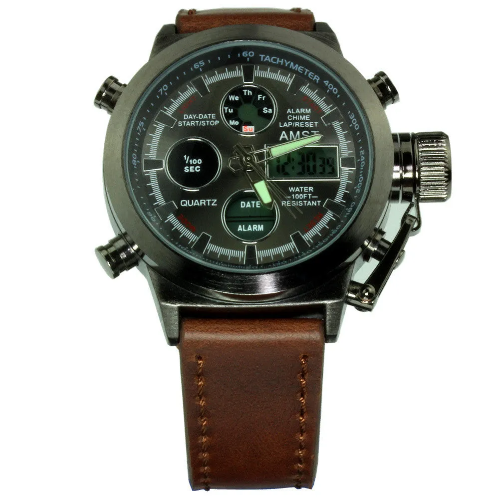 Unique Vogue Men Swimming Digital LCD Quartz Outdoor Sports Watches Relogio Masculino Clock With Handmade Leather Strap