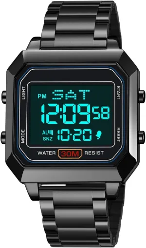 Watches for Men Multifunction Waterproof Watch Square Watch LED Digital Watch Chronograph Stainless Steel Electronic Watch