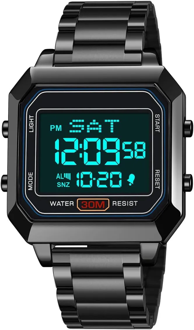Watches for Men Multifunction Waterproof Watch Square Watch LED Digital Watch Chronograph Stainless Steel Electronic Watch